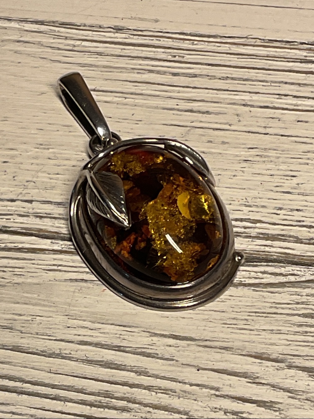 Sterling Silver Amber Leaf Pendant - Honey Amber